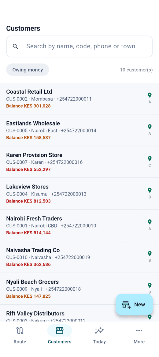 The Raut customer book, searchable offline, showing balances and GPS pins