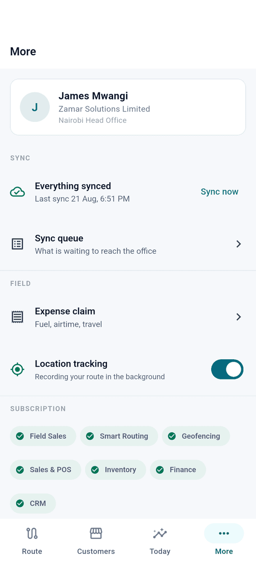 The More screen showing the sync queue, expense claims and licensed modules