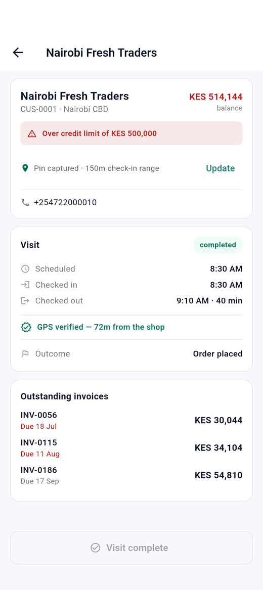 A visit in the Raut app: GPS verified 72m from the shop, credit limit warning, outstanding invoices